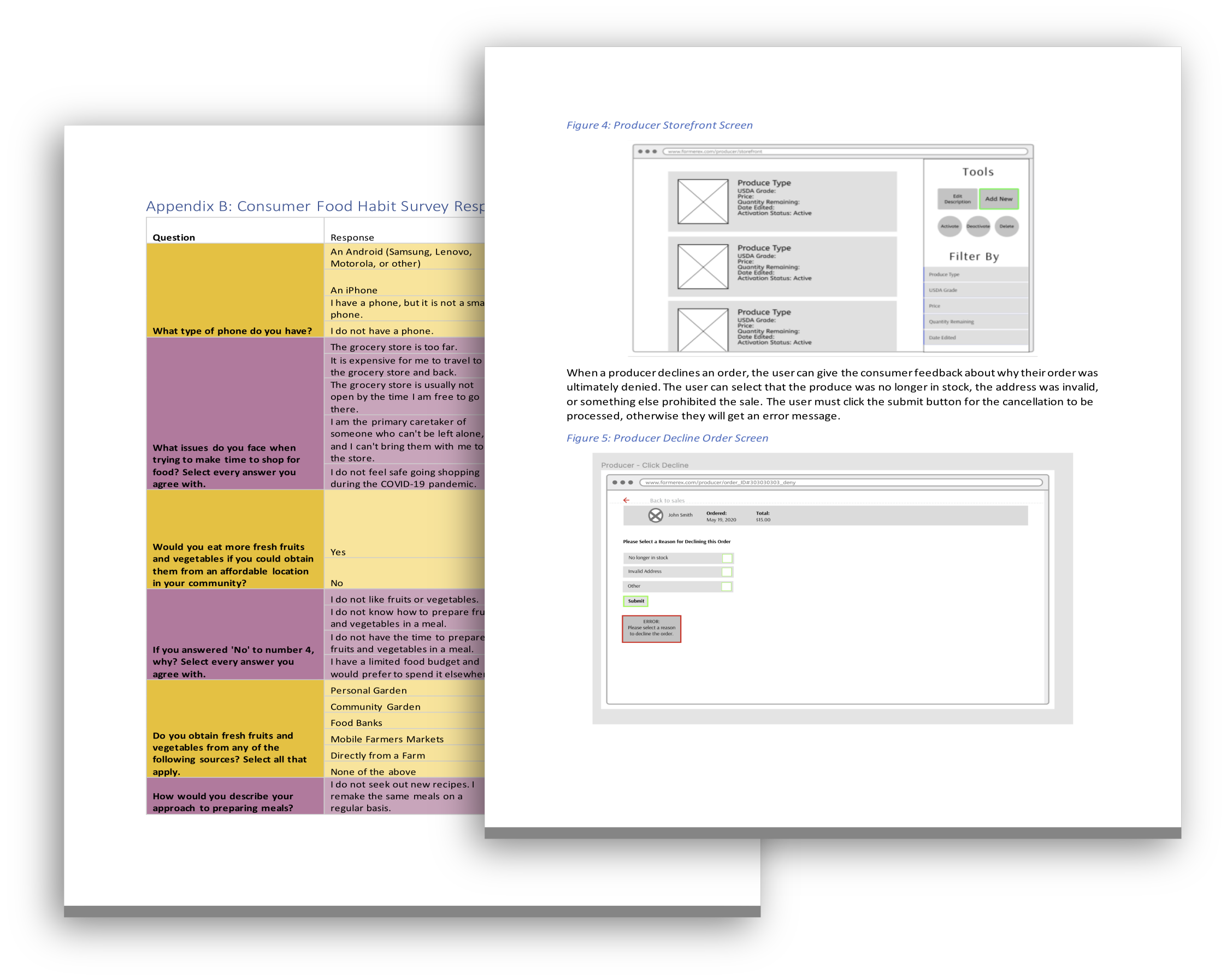 Two pages stacked on each other, one showign the results of a survey, the other showing lofi prototypes.