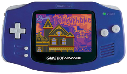 A Gameboy Advance with the start screen to a game, 'Taphophobie' loaded.